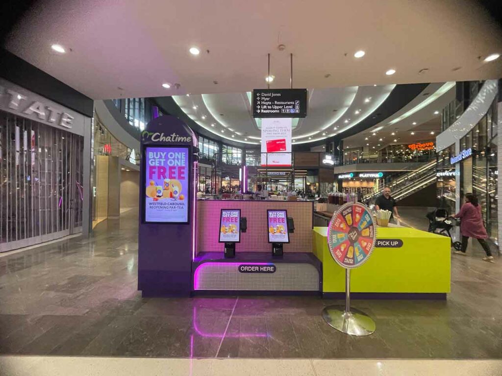 Chatime Australia franchise kiosk at Westfield Carousel with promotional signage and brand activation