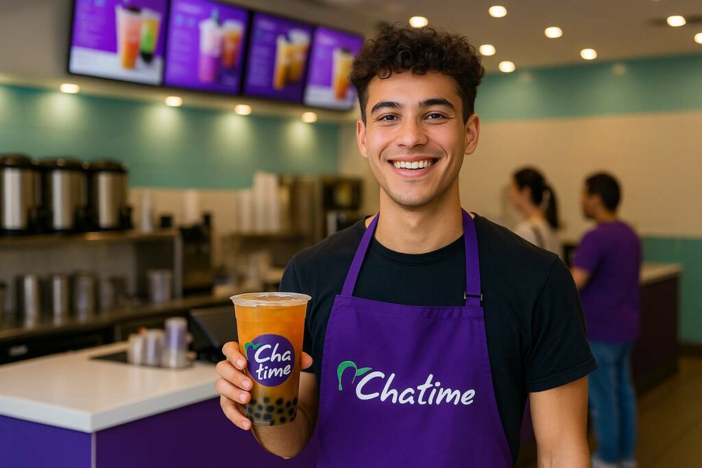Young Gen Z Chatime franchise owner standing proudly inside a modern bubble tea store, representing entrepreneurial success in Australia.