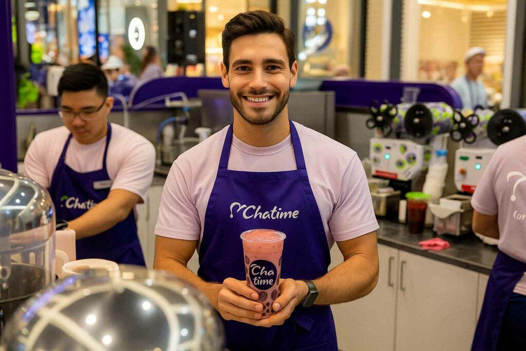 Smiling Chatime franchise owner making bubble tea in-store, wearing a purple apron with Chatime logo, representing franchise opportunities in Australia.