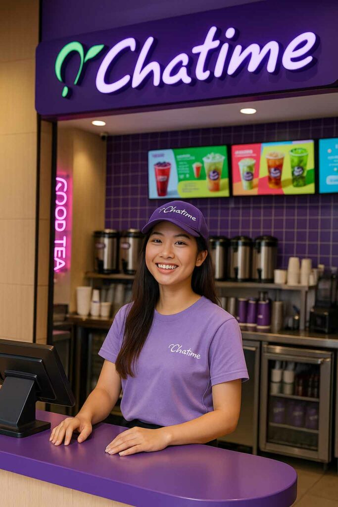 Gen Z entrepreneurs choose Chatime franchise, young owner running a vibrant Chatime kiosk in Australia